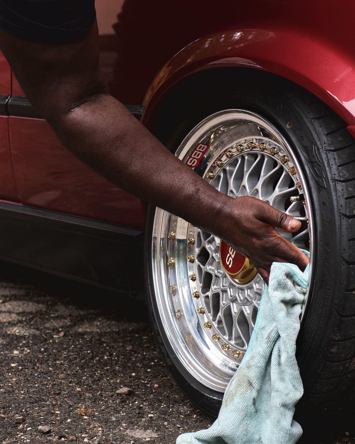 Technician servicing a wheel and rim